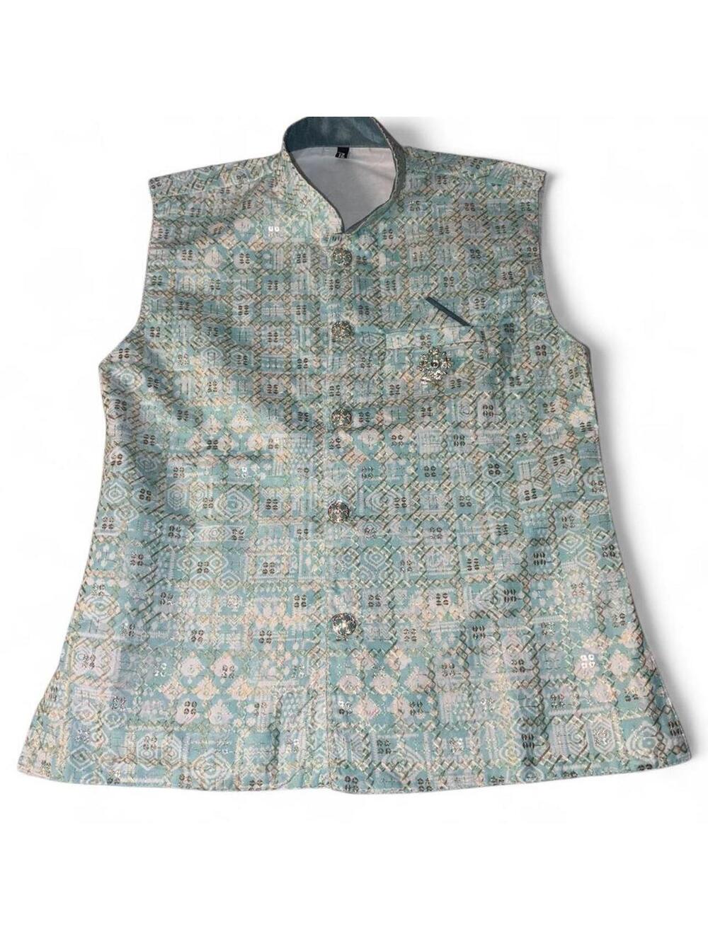 Mint Green Metallic Brocade Nehru Vest Modi Jacket vest with Brooch Handkerchief